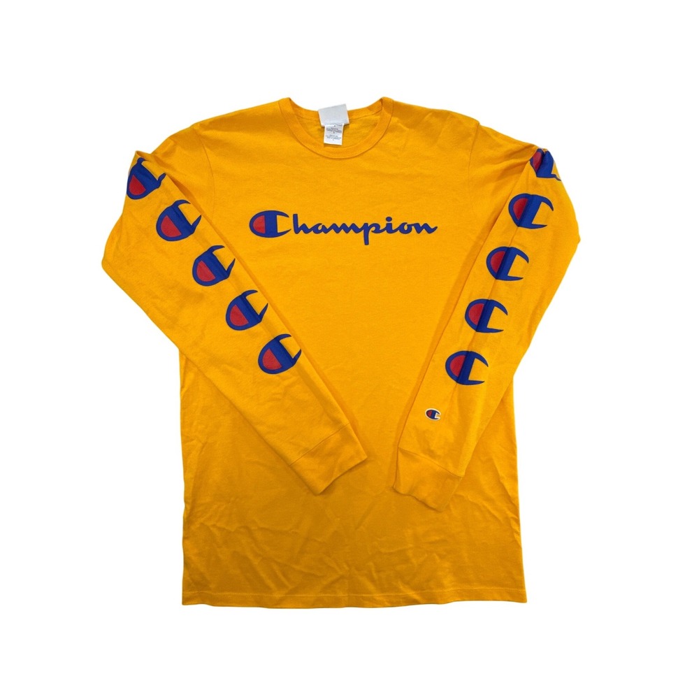 Champion Mens‎ Gold Yellow Script Logo Long Sleeve T-Shirt GT47 Large